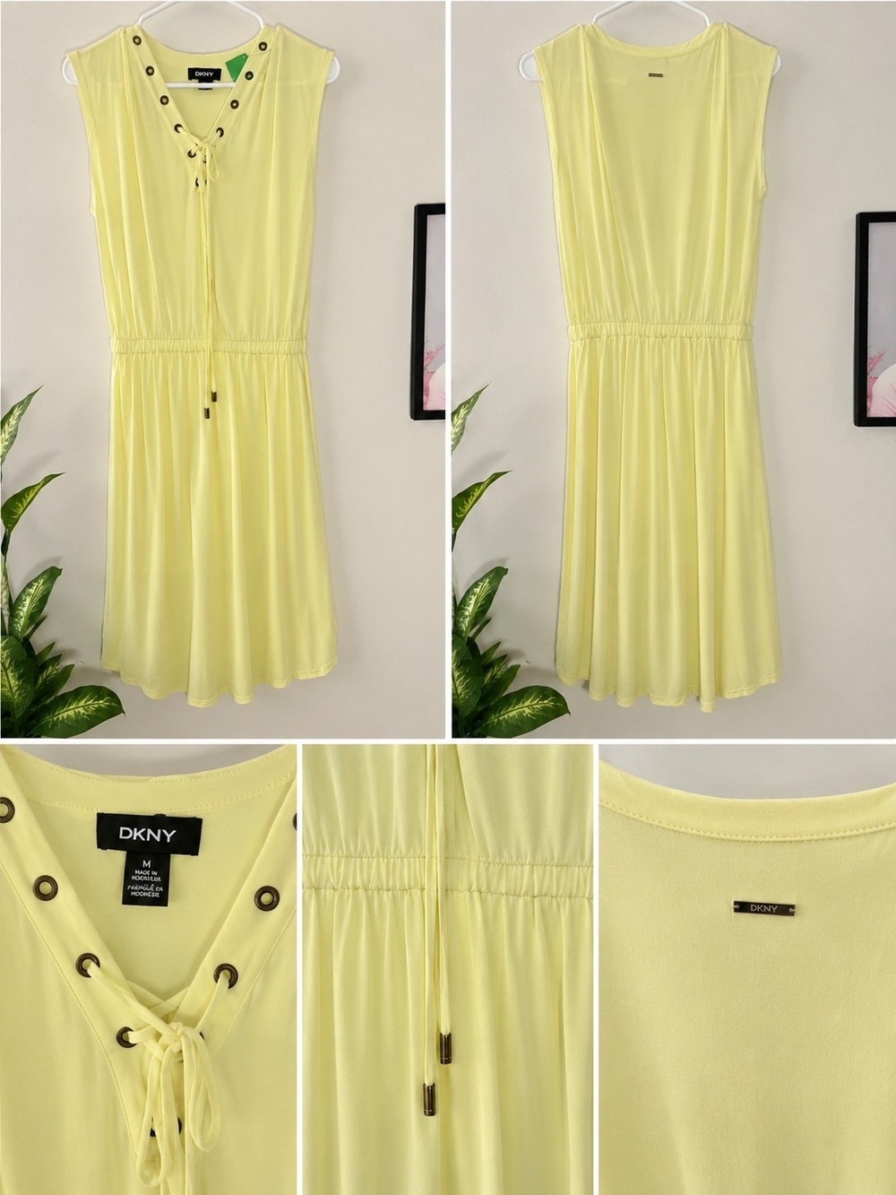DKNY Pale Yellow Lace-Up Sleeveless Midi Dress